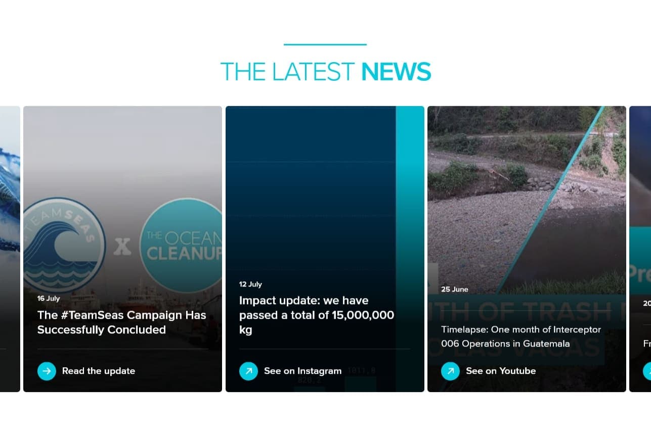 Screenshot of the latest news section on the Ocean Cleanup website