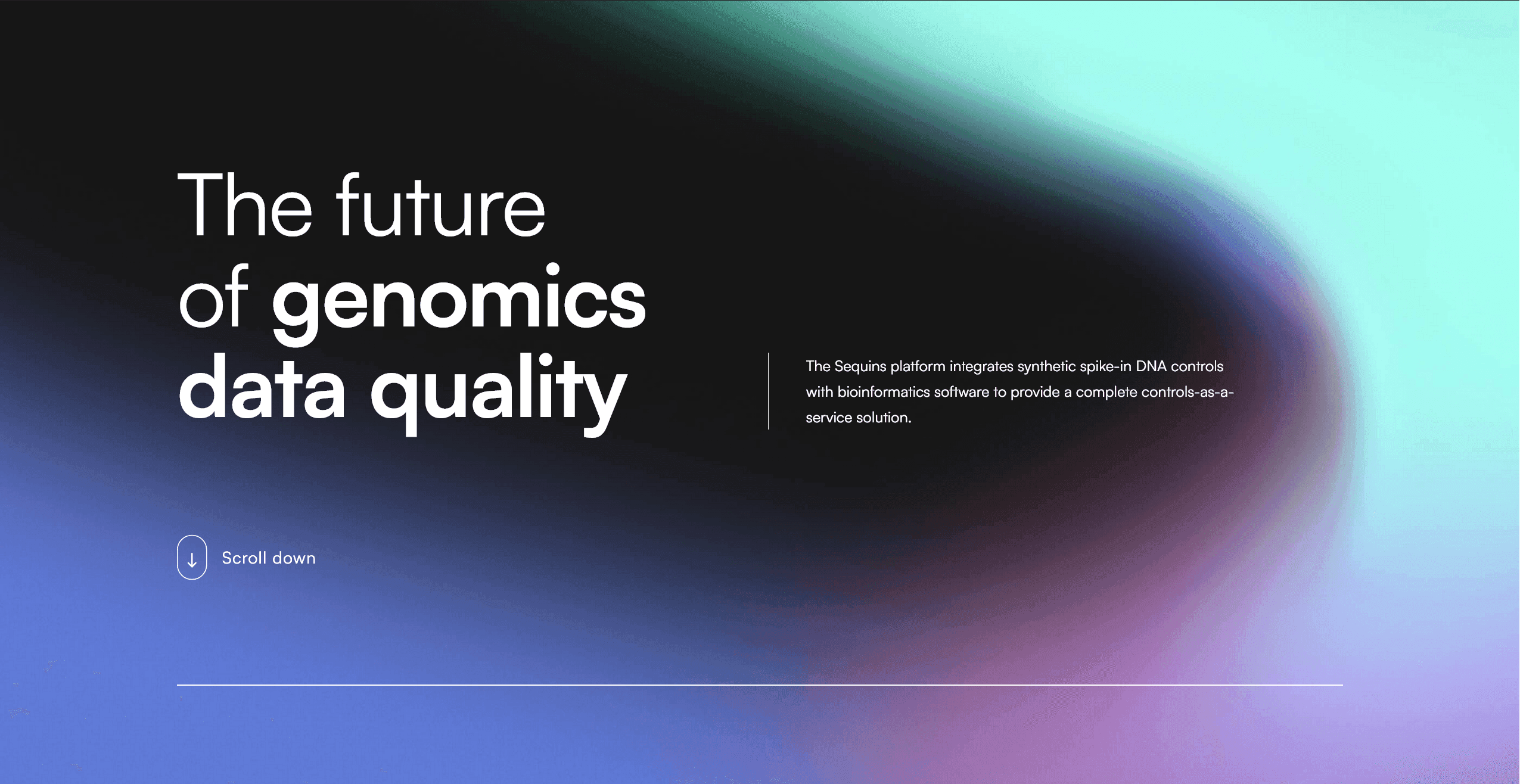 A minimalistic website with a scroll down button under the main heading.