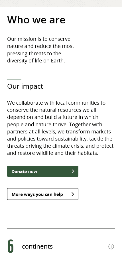 Screenshot of World Wildlife Fund website on a mobile device with its mission